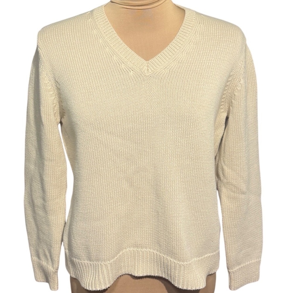 St Johns‎ Bay Cream V-Neck Shaker Knit 100% Cotton Sweater Fall Petite Medium